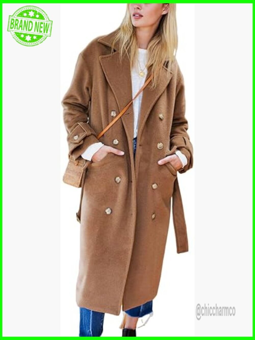Womens Long Wool Coat Double Breasted Trench Peacoat with Belt Fall Winter